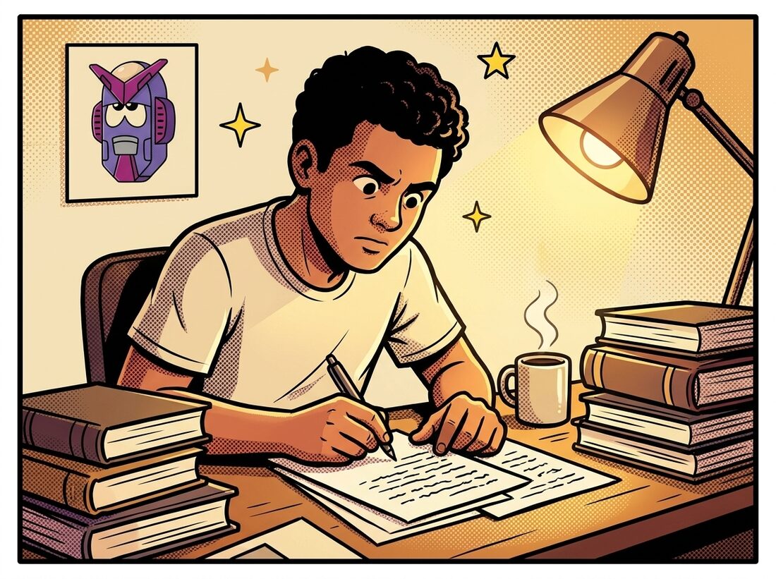 O aluno Léo, jovem estudante de Direito, escreve à mão o simulado durante a madrugada, cercado de livros e café, com um pôster do robô Tio Valdir na parede.